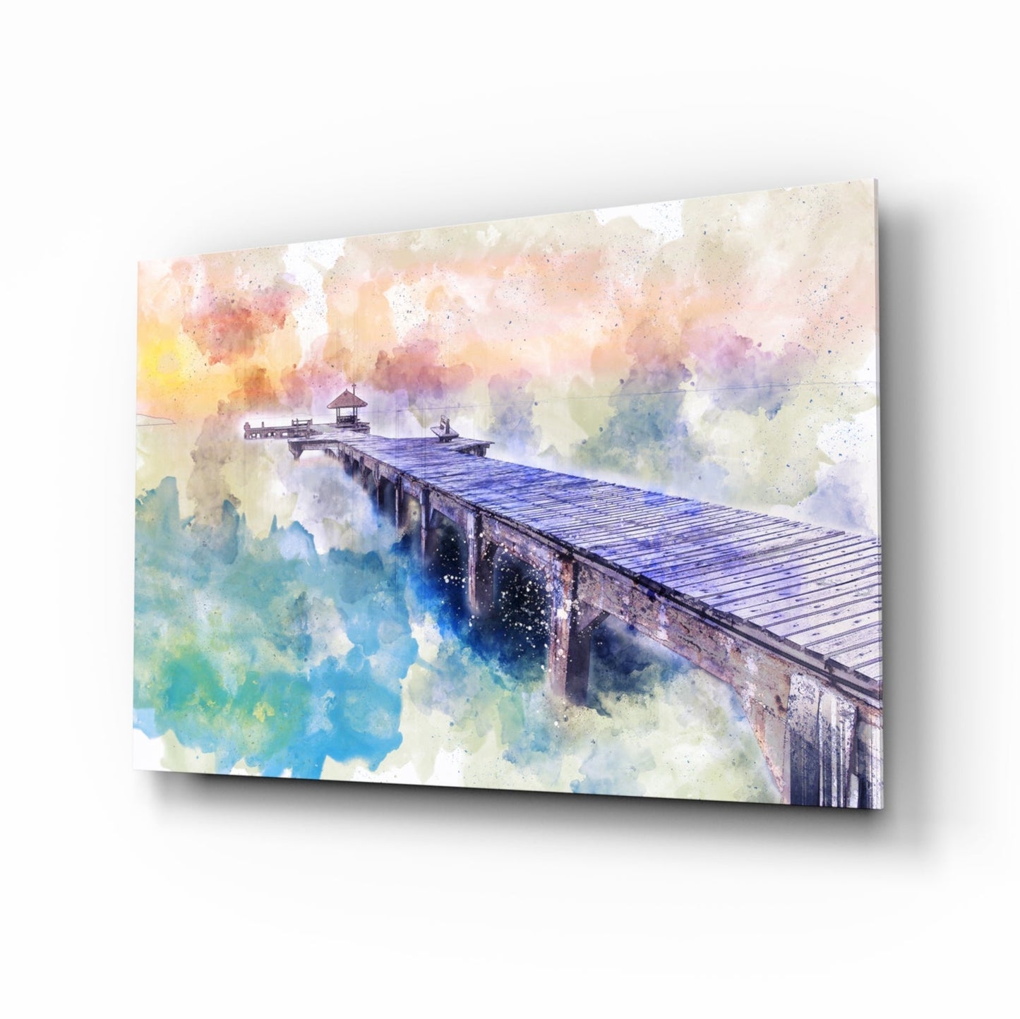 Pastel Watercolor Wooden Pier Glass Wall Art