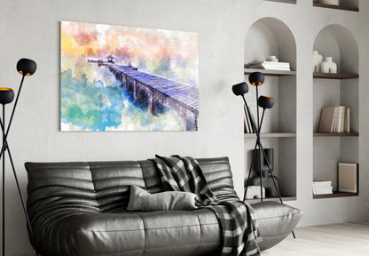 Pastel Watercolor Wooden Pier Glass Wall Art