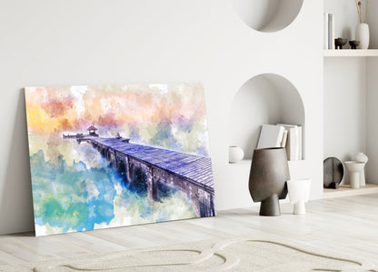 Pastel Watercolor Wooden Pier Glass Wall Art