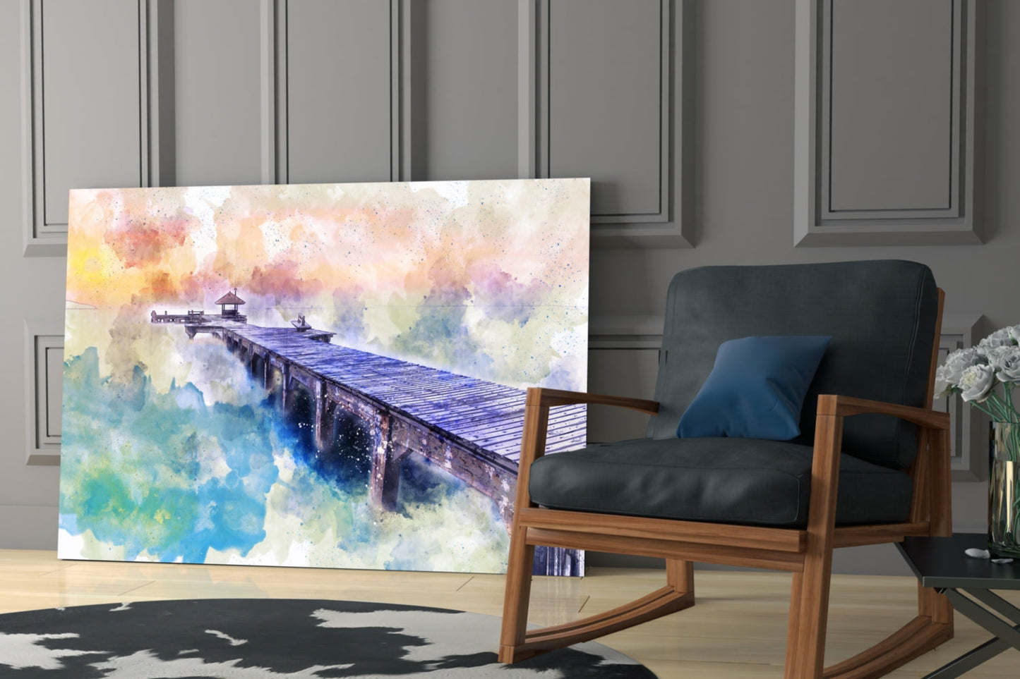 Pastel Watercolor Wooden Pier Glass Wall Art