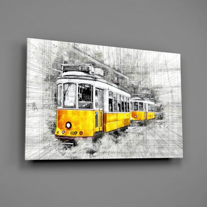 Yellow and white tram on sketch-textured glass canvas displayed at an angle against gray background, showing front three-quarter view.