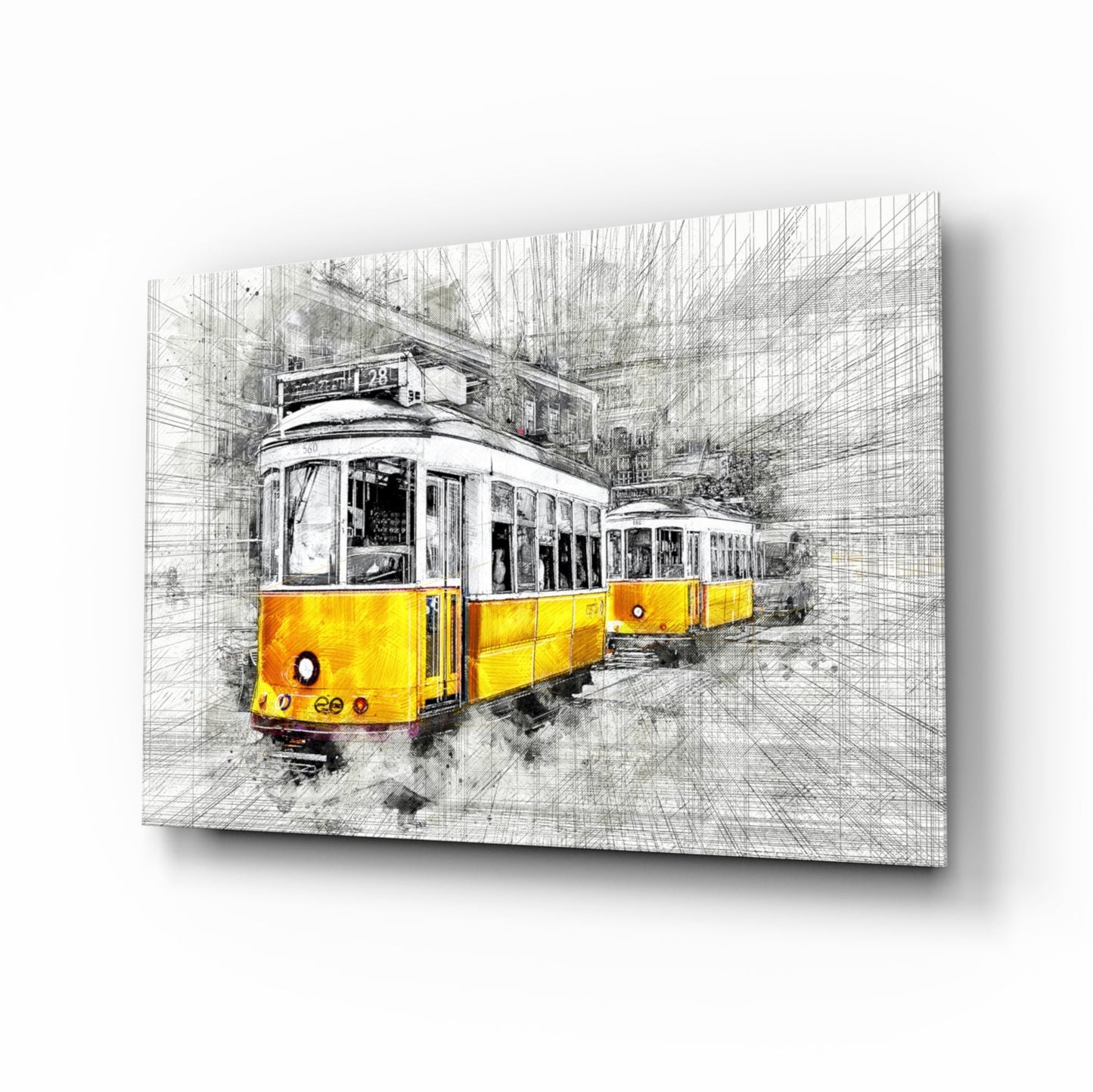 Yellow and white tram with route number 28 on a sketched urban street background, displayed as a tilted glass wall art panel.