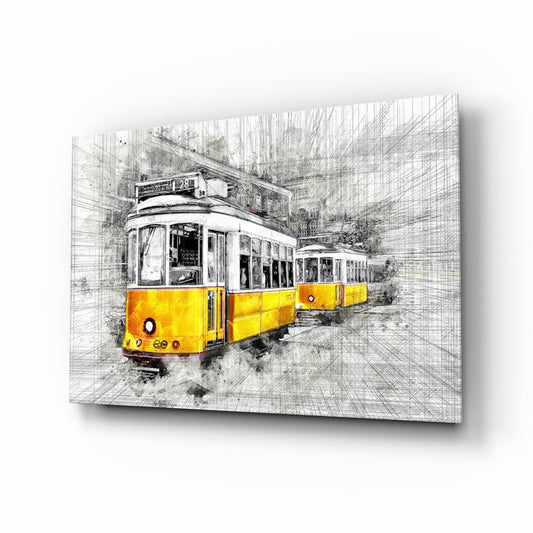Yellow and white tram with route number 28 on a sketched urban street background, displayed as a tilted glass wall art panel.