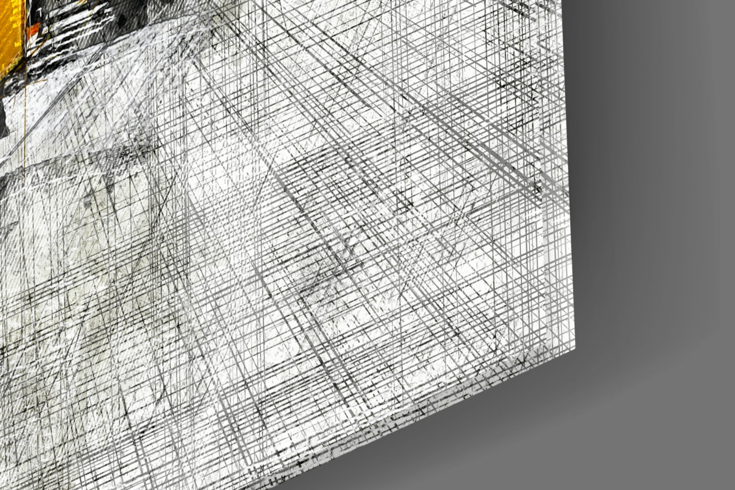 Close-up detail of reinforced mesh backing and fine line etching pattern on the glass wall art surface.