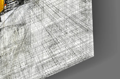 Close-up detail of reinforced mesh backing and fine line etching pattern on the glass wall art surface.