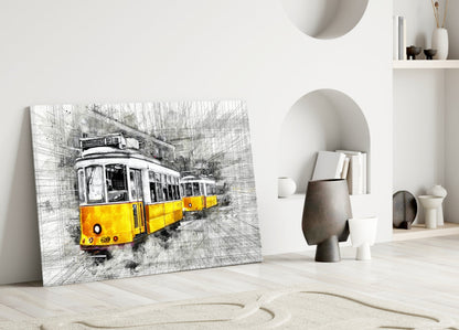 Yellow tram glass art leaning against white wall in minimalist room with shelving and decorative objects.