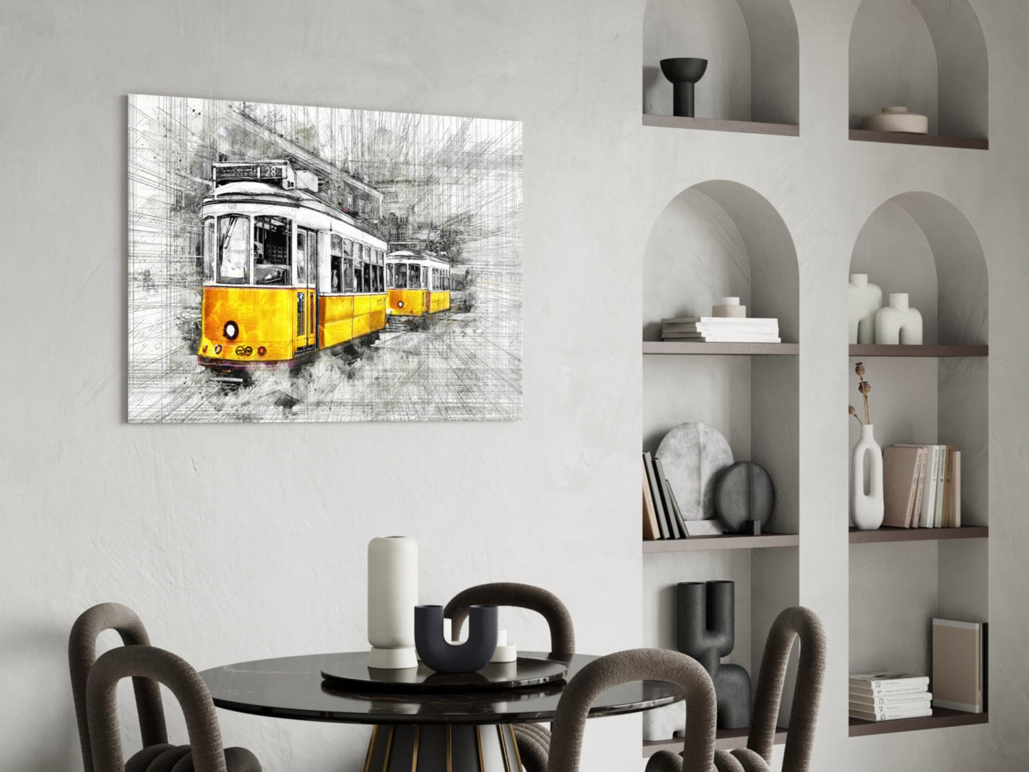 Yellow tram glass wall art displayed above dining table in modern interior with arched shelving and decorative objects.