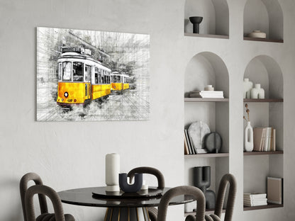 Yellow tram glass wall art displayed above dining table in modern interior with arched shelving and decorative objects.