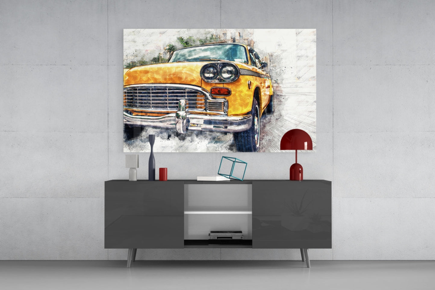 Yellow Vintage Taxi Sketch Glass Wall Art