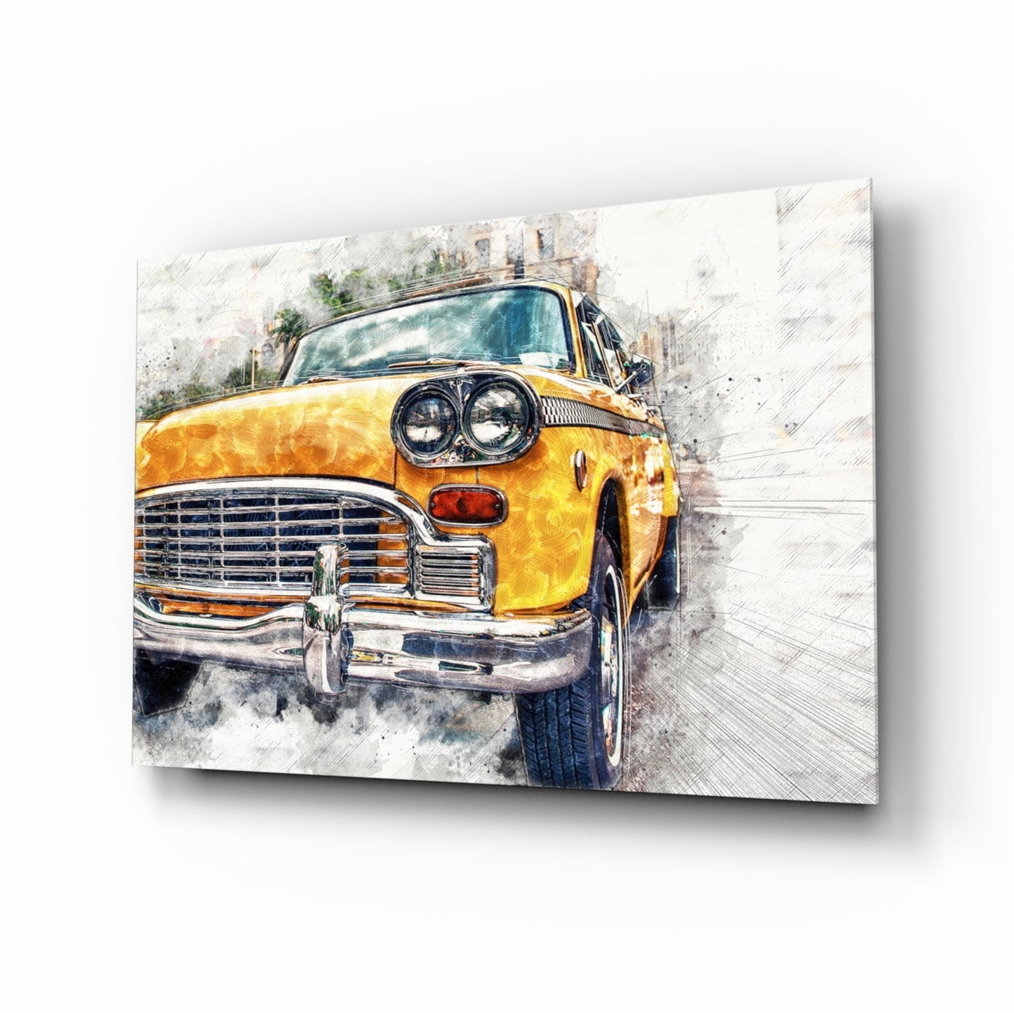 Yellow Vintage Taxi Sketch Glass Wall Art