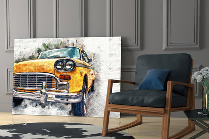 Yellow Vintage Taxi Sketch Glass Wall Art