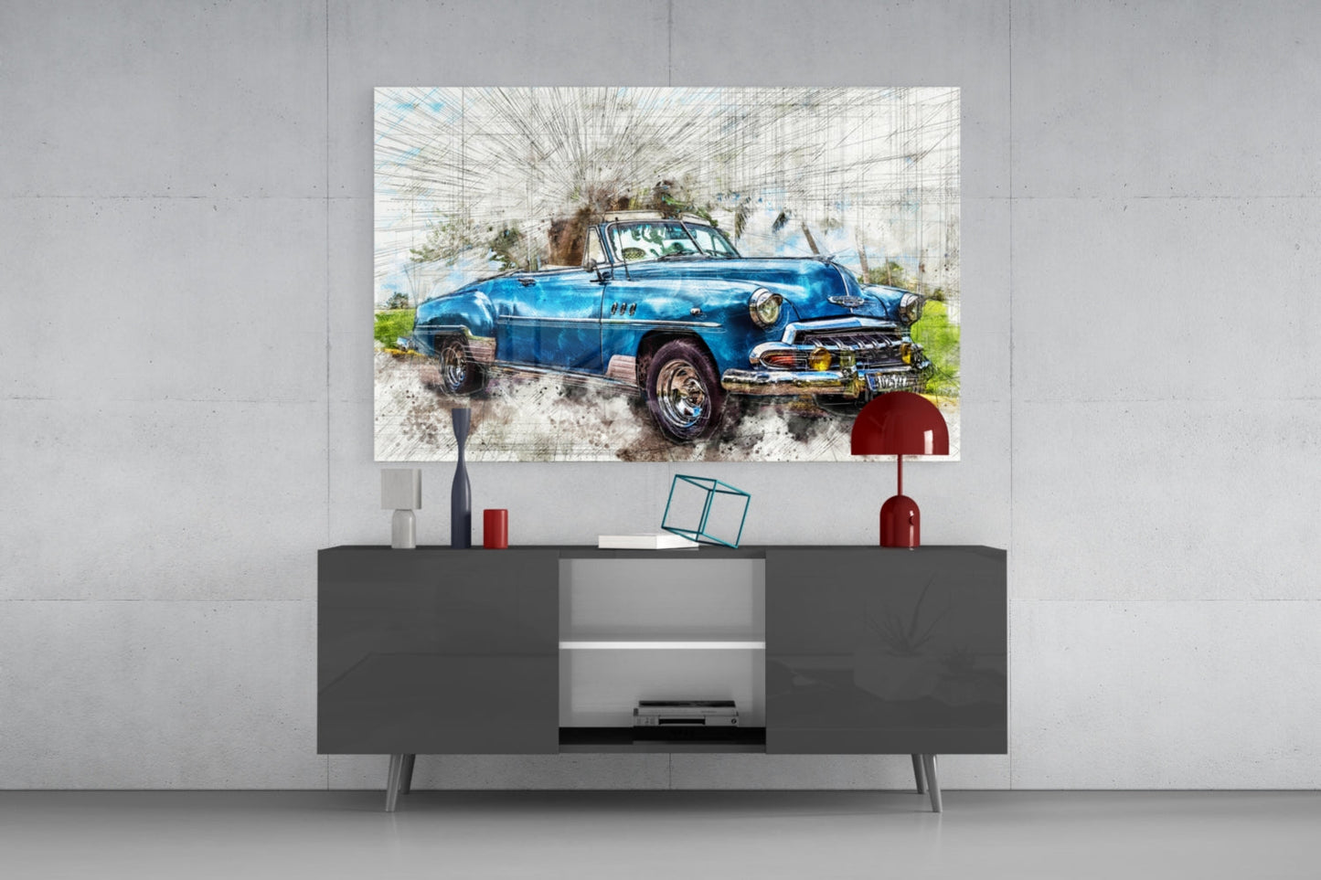 Blue Classic Convertible Sketch Glass Wall Art