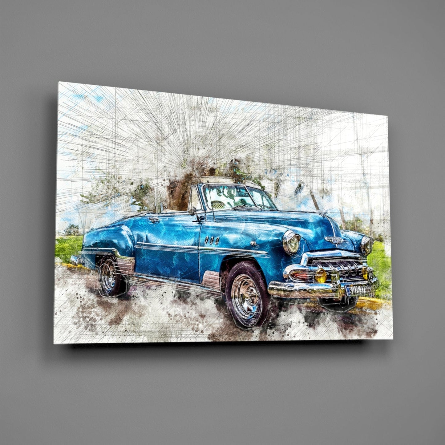Blue Classic Convertible Sketch Glass Wall Art