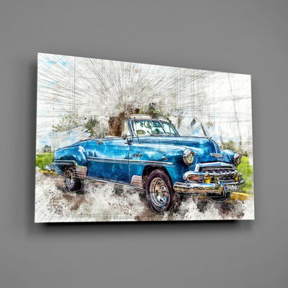 Blue Classic Convertible Sketch Glass Wall Art