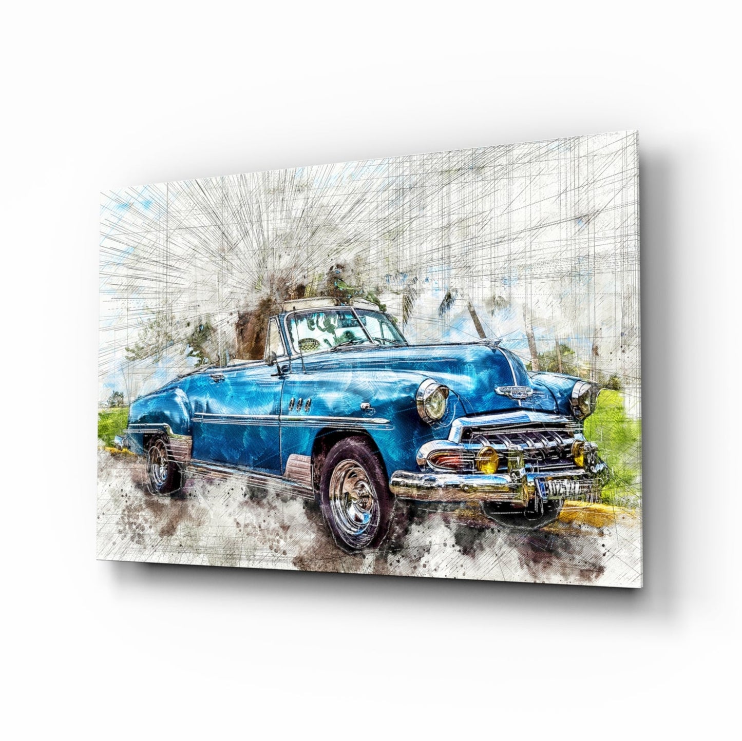 Blue Classic Convertible Sketch Glass Wall Art