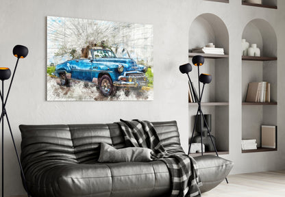 Blue Classic Convertible Sketch Glass Wall Art