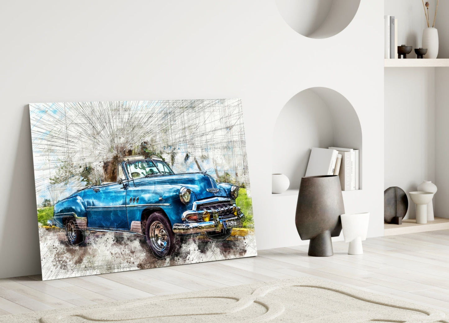 Blue Classic Convertible Sketch Glass Wall Art
