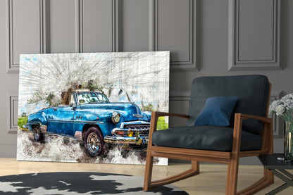 Blue Classic Convertible Sketch Glass Wall Art
