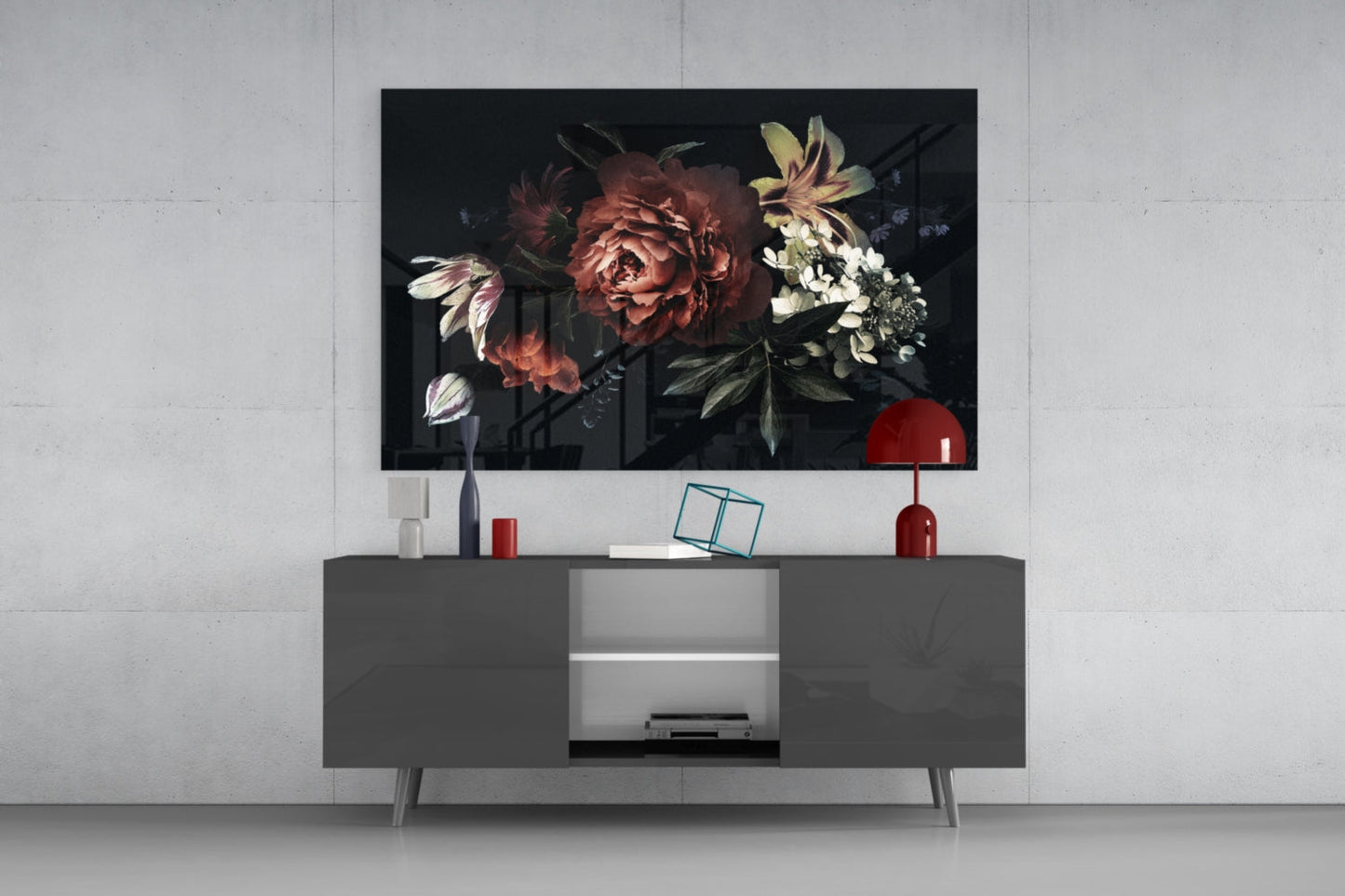 Dark Bouquet Red Peony Bloom Glass Wall Art