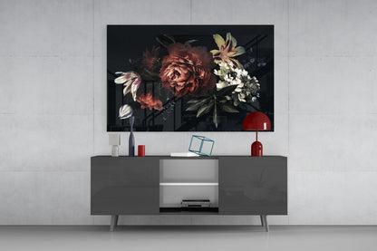 Dark Bouquet Red Peony Bloom Glass Wall Art