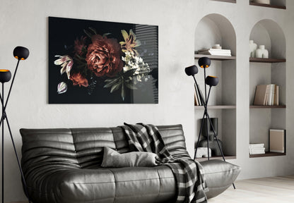 Dark Bouquet Red Peony Bloom Glass Wall Art