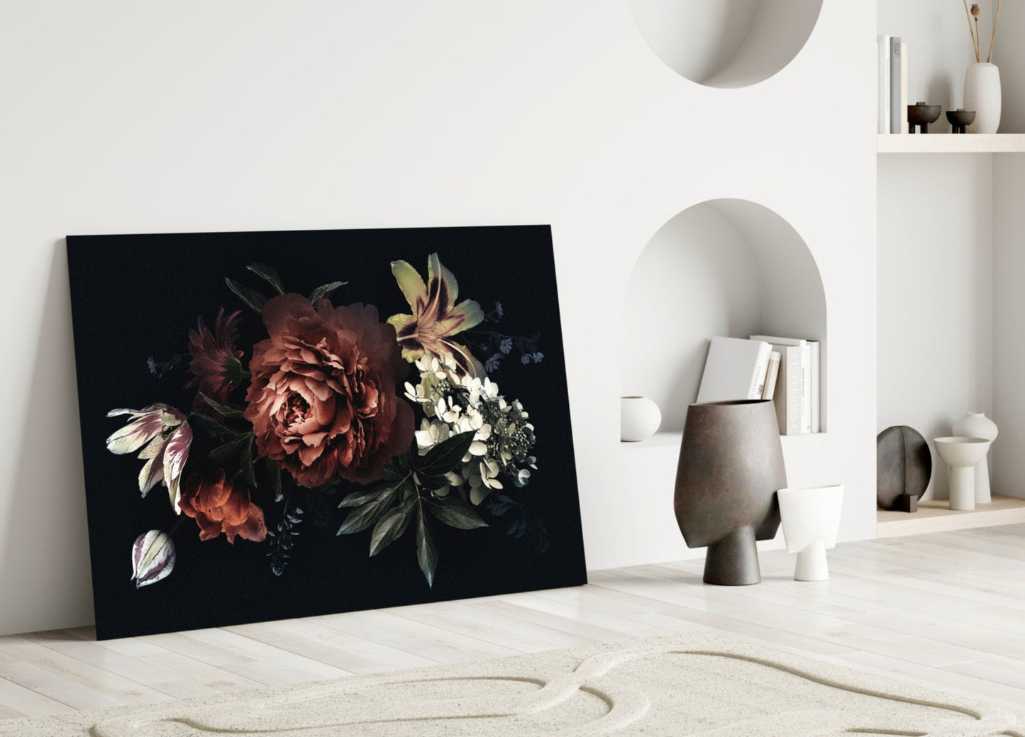 Dark Bouquet Red Peony Bloom Glass Wall Art