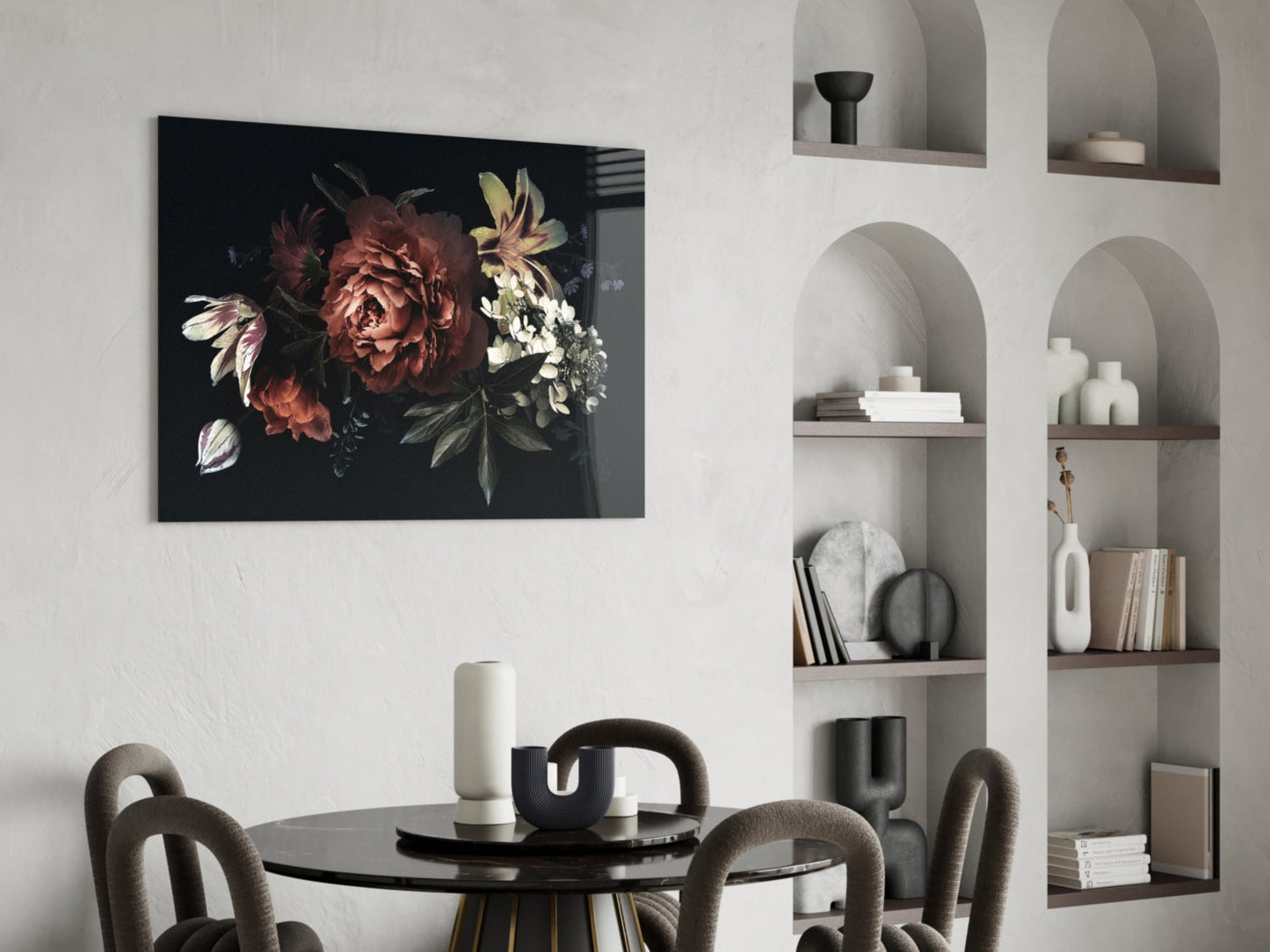 Dark Bouquet Red Peony Bloom Glass Wall Art