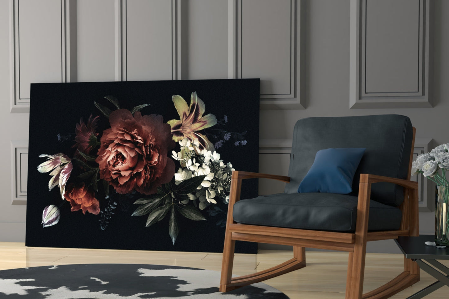 Dark Bouquet Red Peony Bloom Glass Wall Art