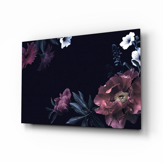 Angled perspective view of glass wall art displaying dark background with mauve peonies and white flowers in corners.