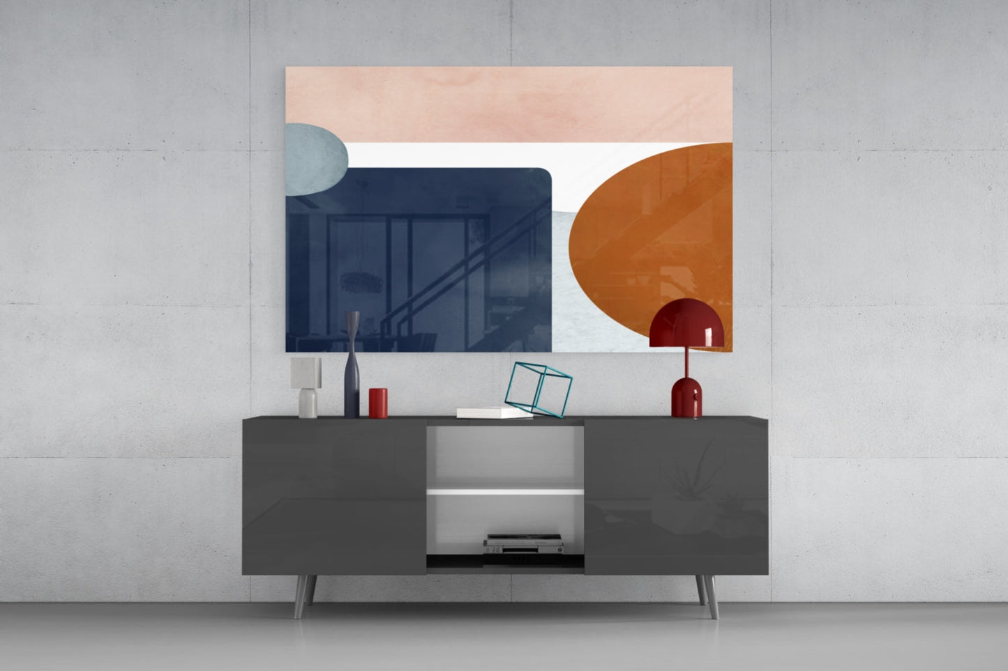 Copenhagen Glass Wall Art displayed above a dark gray media console, featuring peach, navy, white, terracotta, and burgundy geometric shapes.