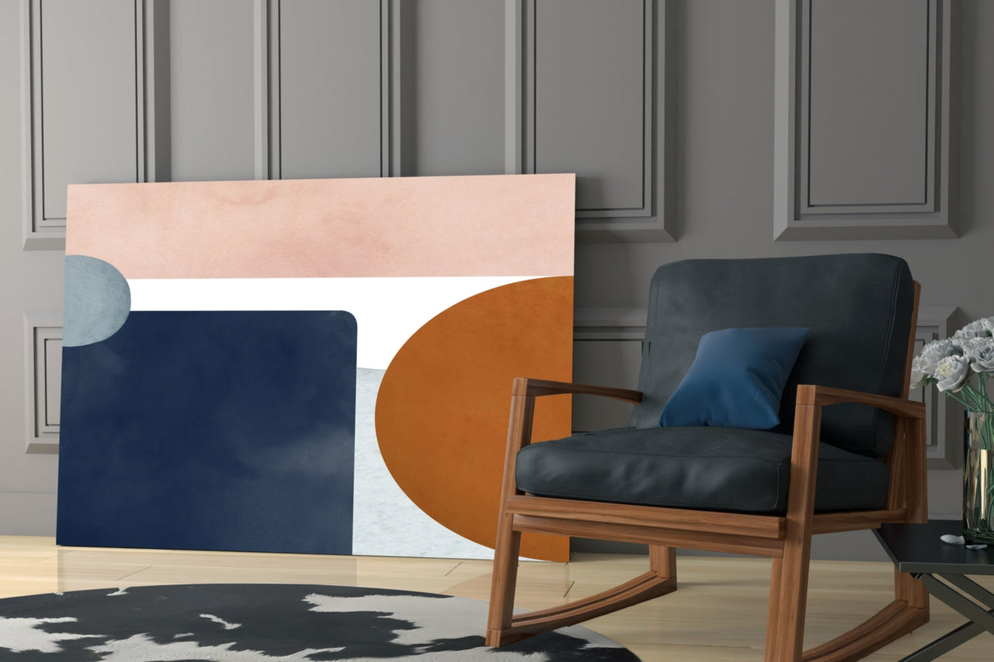 Copenhagen Glass Wall Art displaying geometric shapes in navy, terracotta, and blush tones mounted above wooden chair in modern interior.