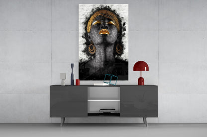 Gold Lips Woman Portrait White Glass Wall Art
