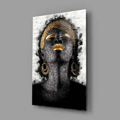Gold Lips Woman Portrait White Glass Wall Art