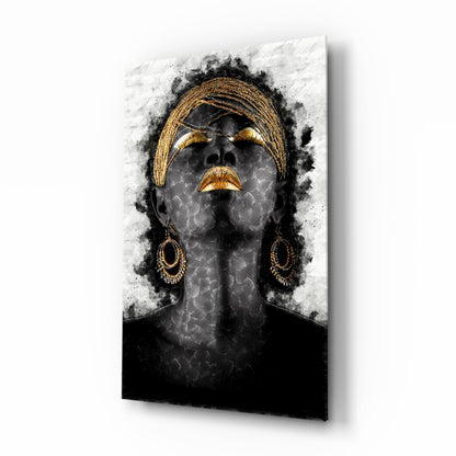 Gold Lips Woman Portrait White Glass Wall Art