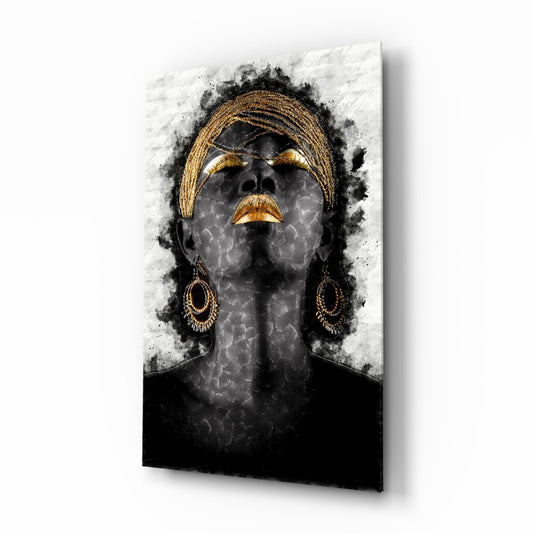 Modern portrait of a woman with dark skin, gold lips and headwrap, displayed on white glass panel at an angle.