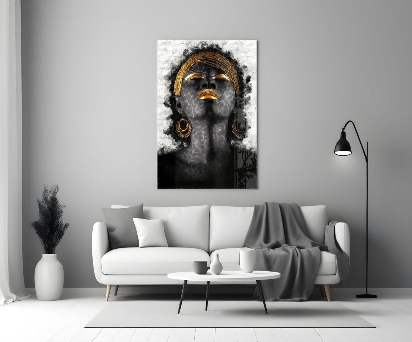Gold Lips Woman Portrait White Glass Wall Art