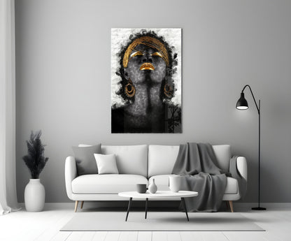 Gold Lips Woman Portrait White Glass Wall Art