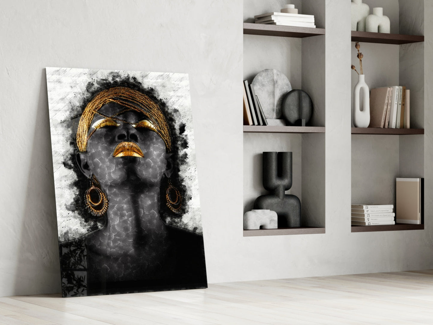 Gold Lips Woman Portrait White Glass Wall Art