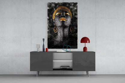 Gold Headdress Woman Portrait Black Glass Wall Art