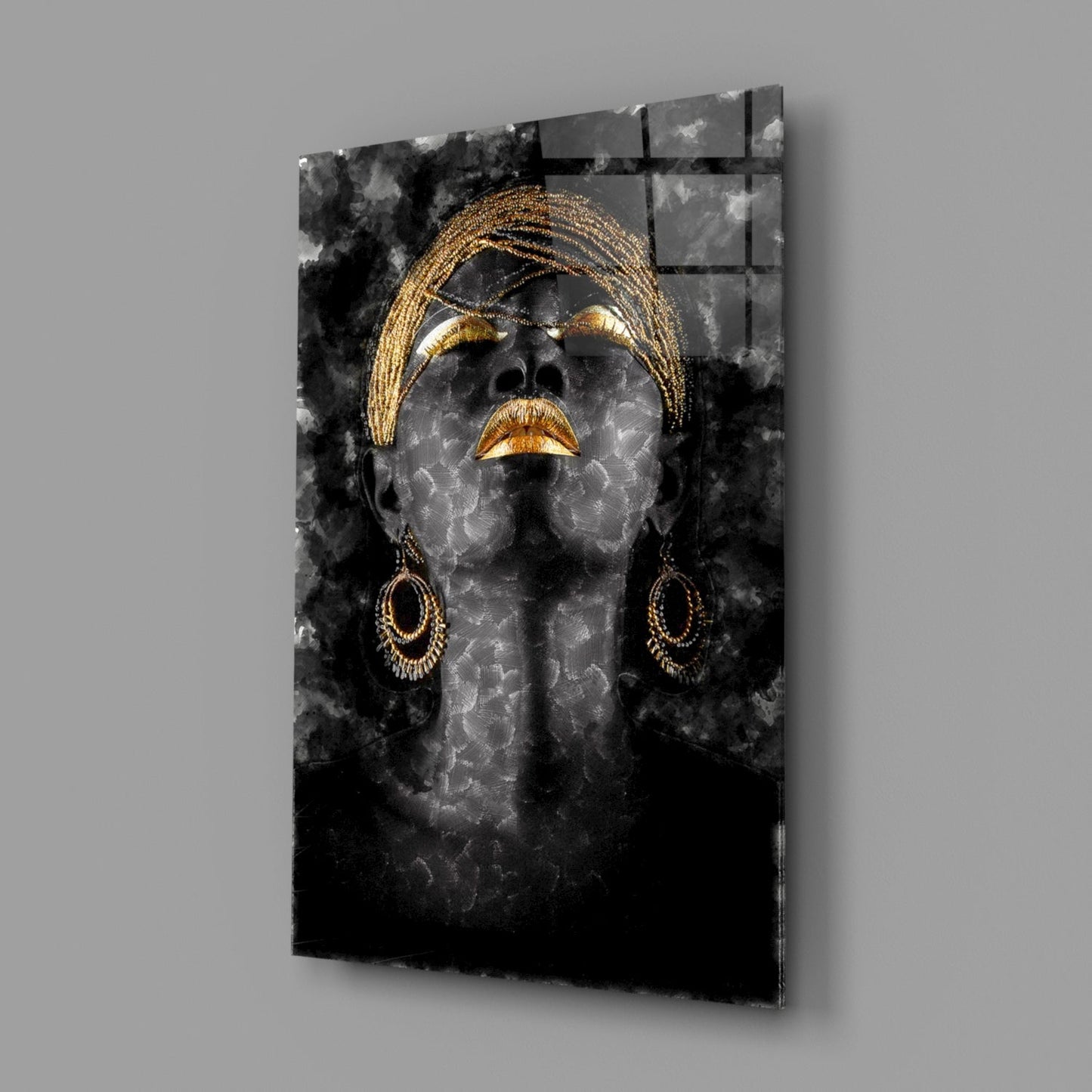 Gold Headdress Woman Portrait Black Glass Wall Art
