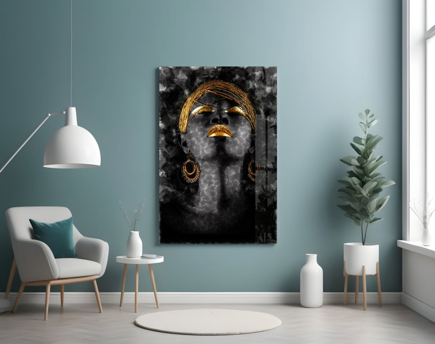 Gold Headdress Woman Portrait Black Glass Wall Art