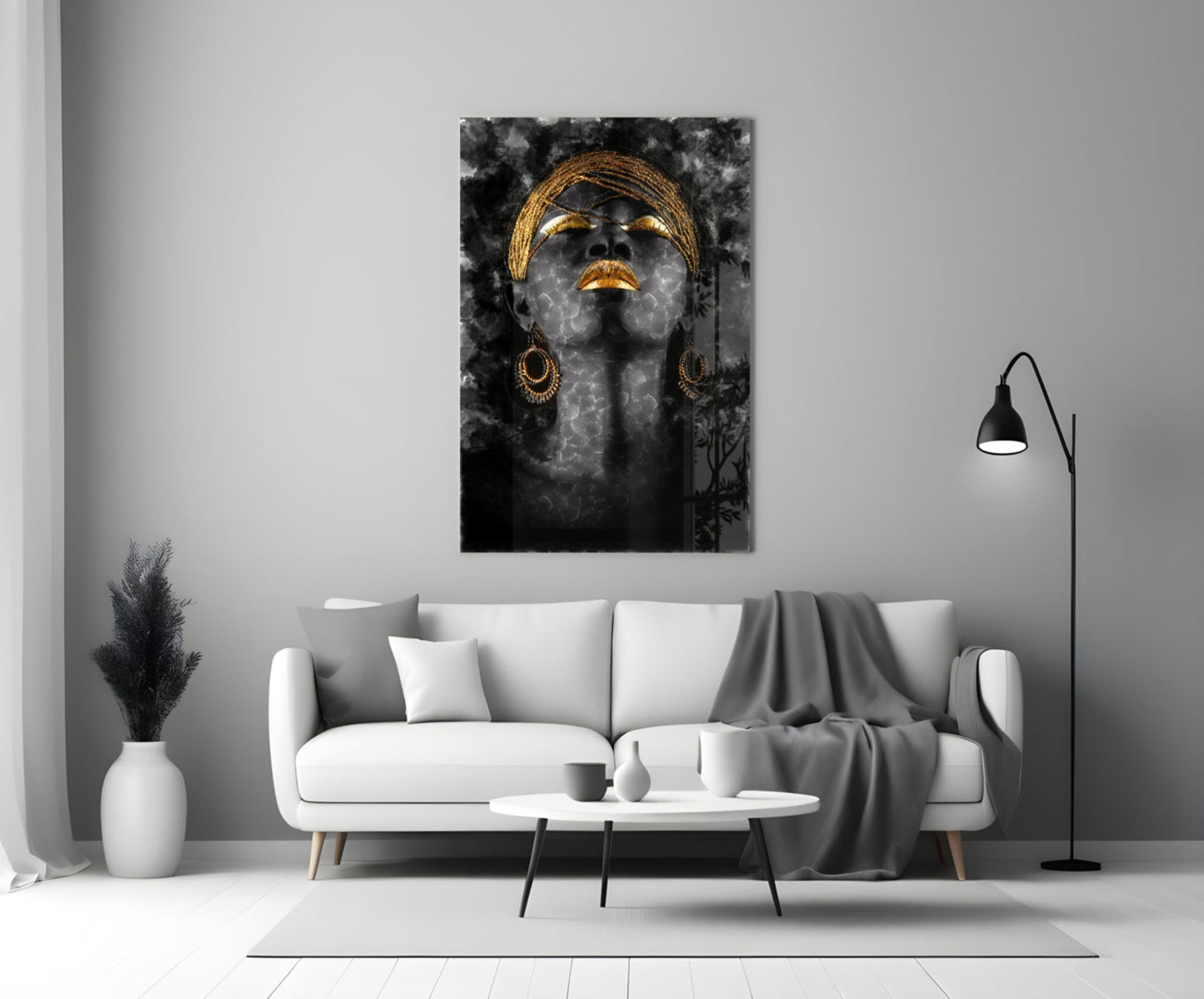 Gold Headdress Woman Portrait Black Glass Wall Art