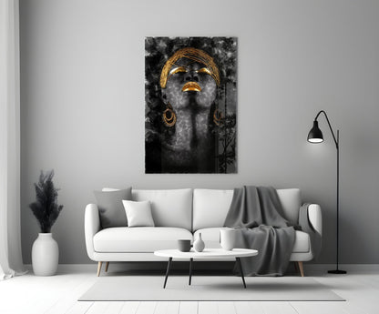Gold Headdress Woman Portrait Black Glass Wall Art