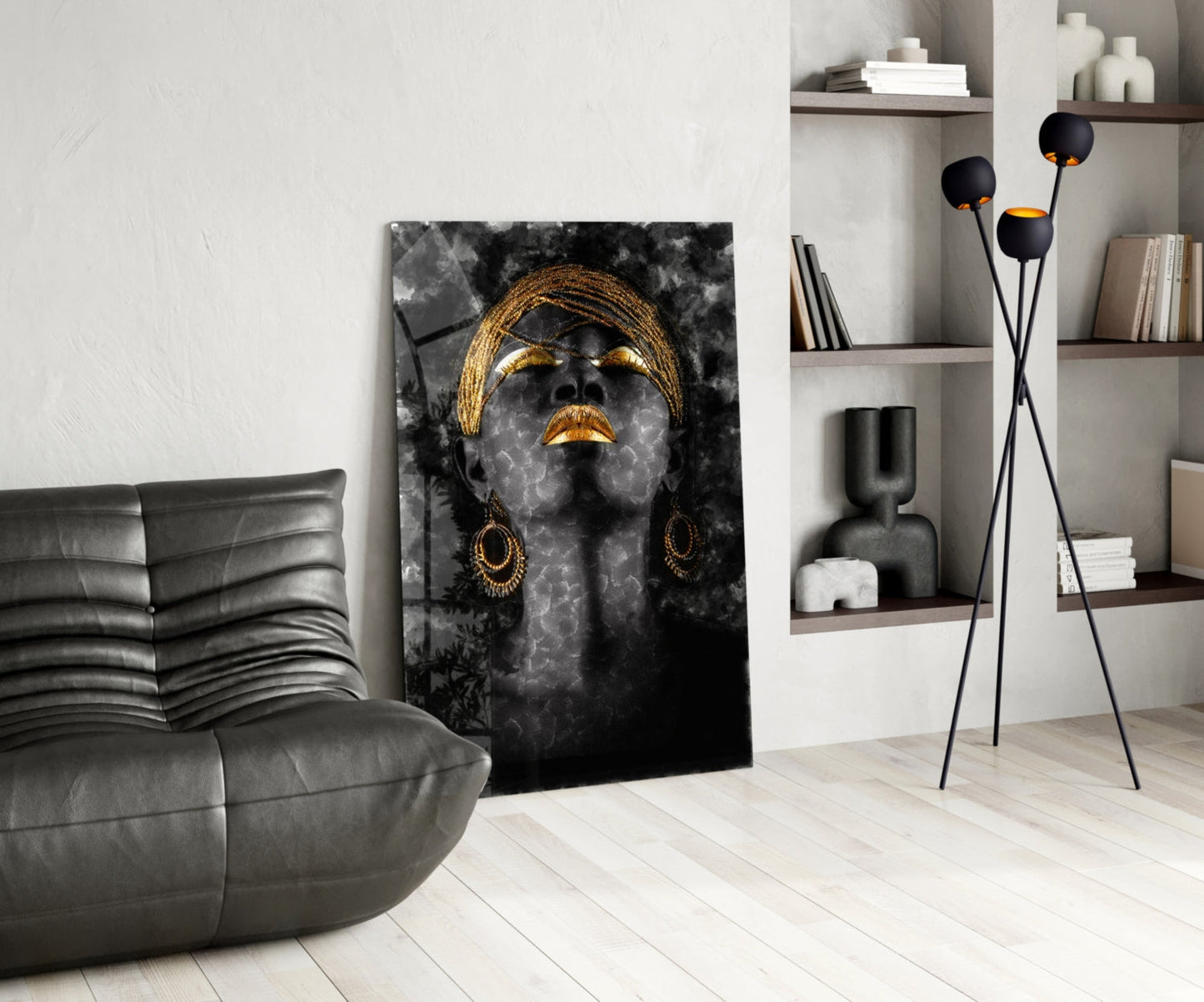 Gold Headdress Woman Portrait Black Glass Wall Art