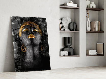 Gold Headdress Woman Portrait Black Glass Wall Art