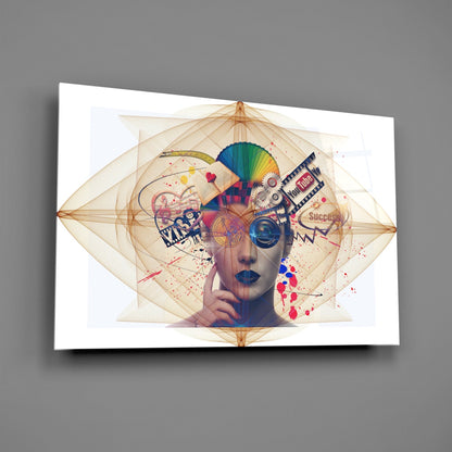Modern glass wall art featuring a stylized female head with geometric overlays, colorful abstract elements, and YouTube and Success text on white background.