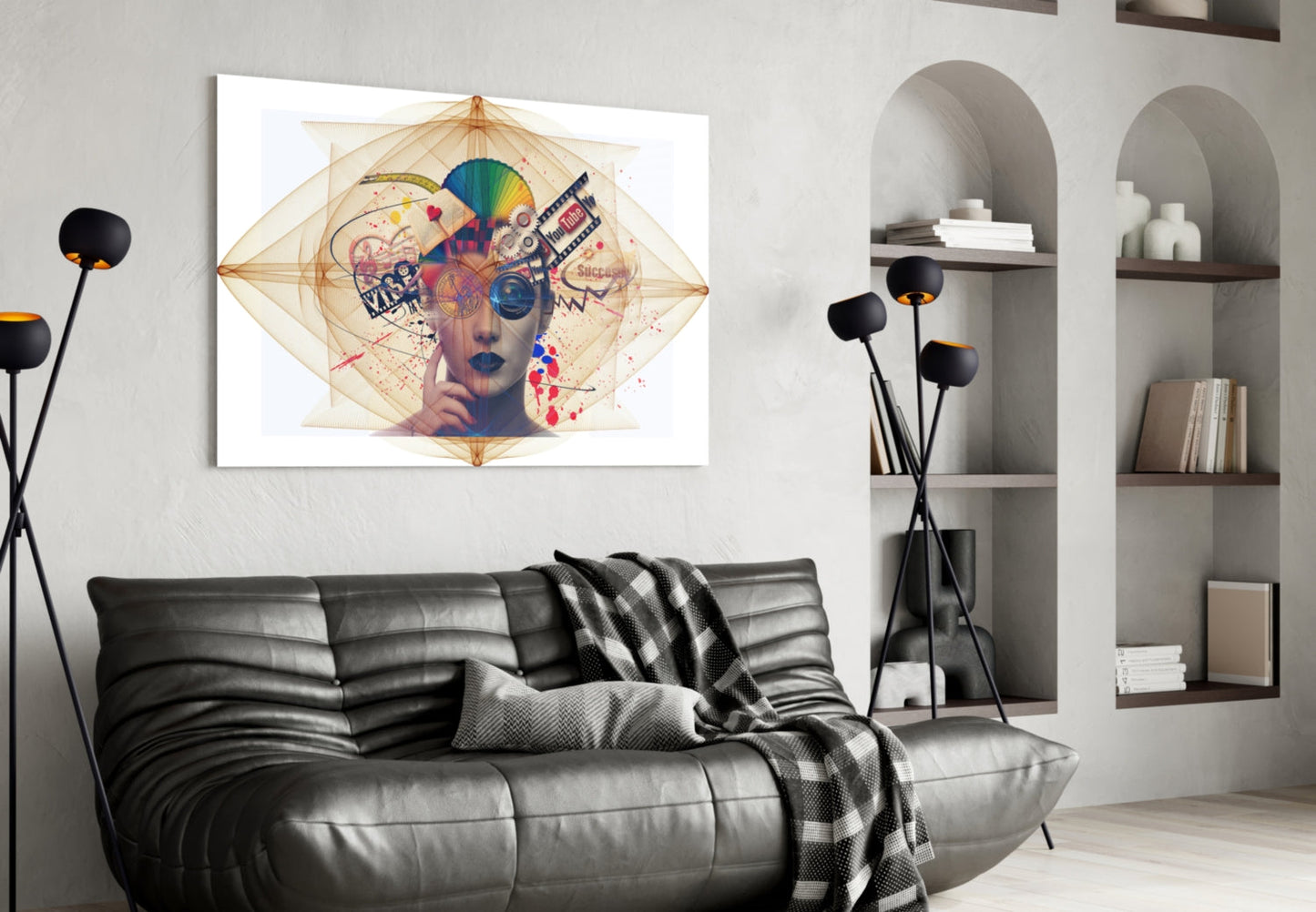 Modern living room with black leather sofa displaying colorful abstract portrait glass wall art above it.