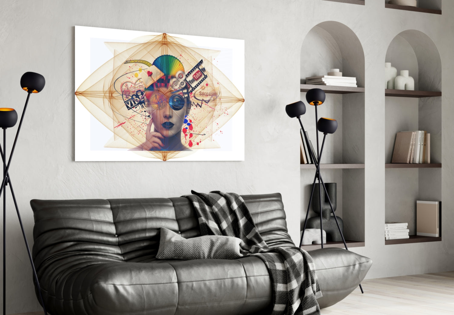 Modern living room with black leather sofa displaying colorful abstract portrait glass wall art above it.