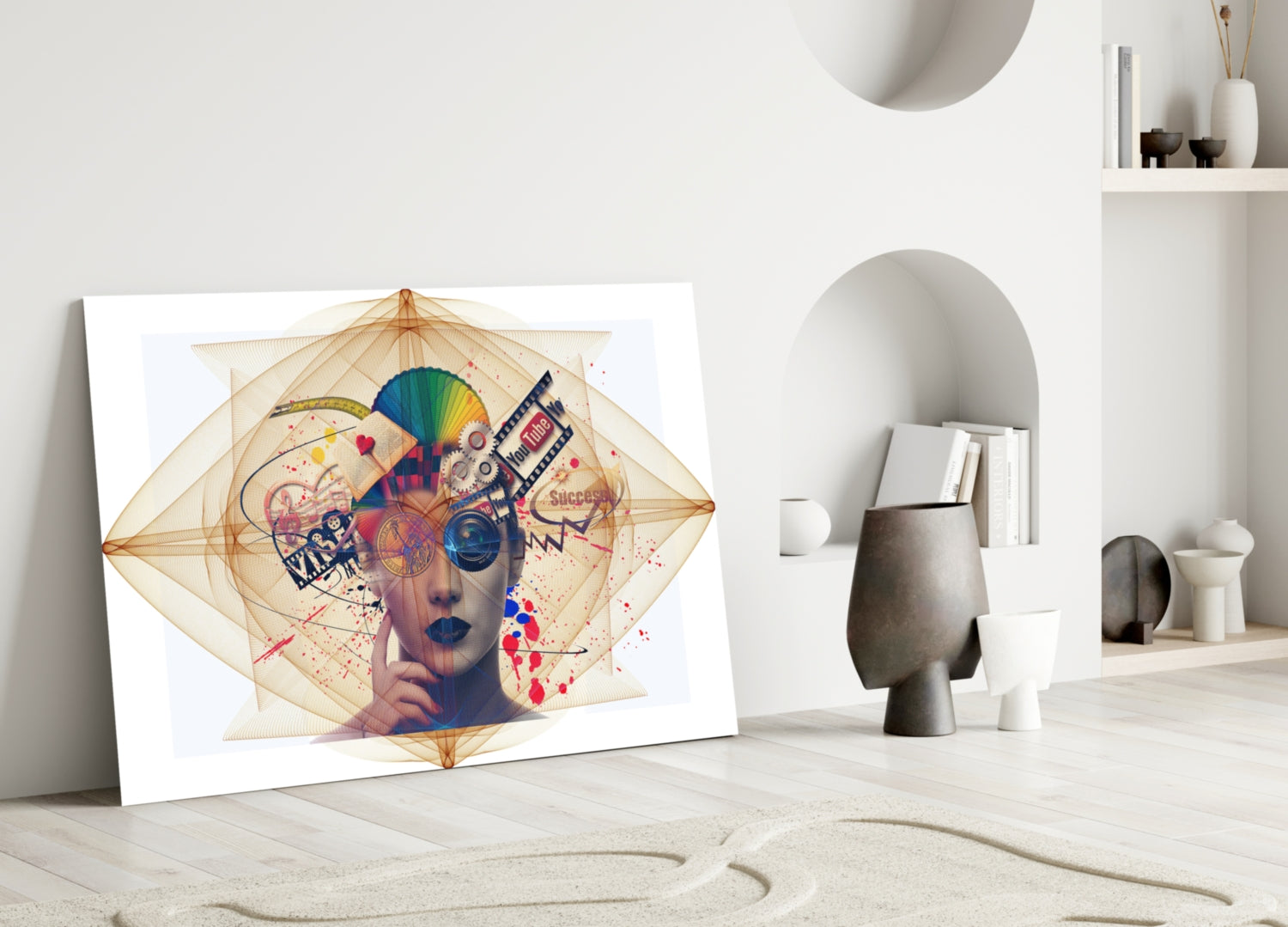 Colorful abstract glass wall art featuring a geometric face with overlaid symbols and splashes, leaning against a minimalist white interior wall.