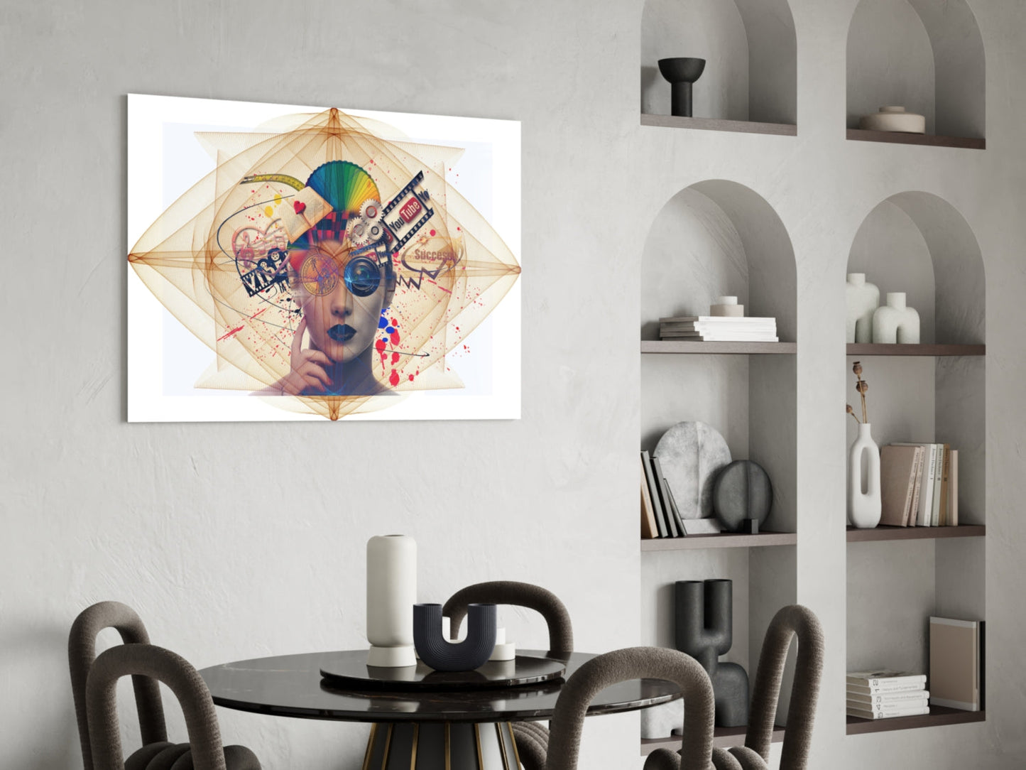 Colorful abstract glass wall art featuring a stylized face with geometric patterns and splatter effects displayed above a dining table.